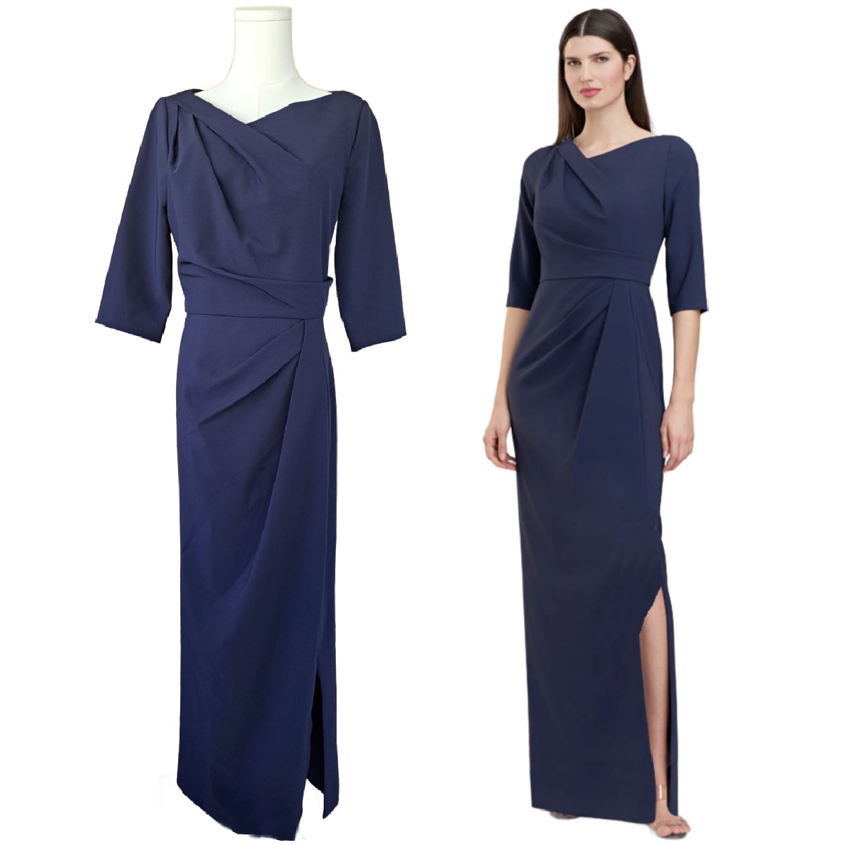 Kay Unger Margerite Column Gown Size 4 Navy Blue Asymmetric Pleated Dress Maxi